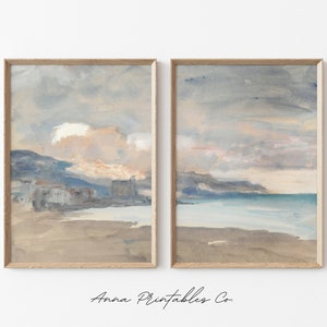 Beach at Nice Set of 2 Prints | Antique Coastal Painting 2 Piece Wall Decor | Vintage Dual Panel Printable Wall Art | Watercolor Artwork