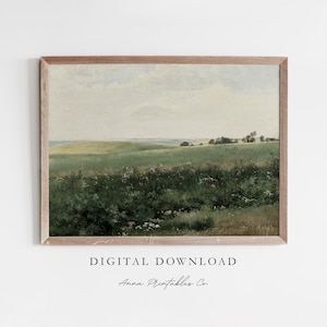 Pastos verdes / Pintura de paisaje de campo antiguo para descarga digital / Escena pastoral imprimible arte de pared / Impresiones de arte Cottagecore