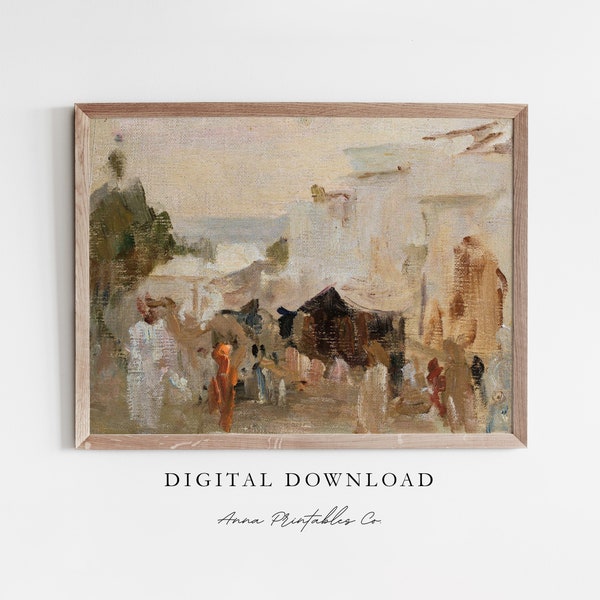 The Bazaar | Antique Cityscape Painting of a Street in India for Digital Download | Vintage Abstract Printable Wall Art | Fine Art Print