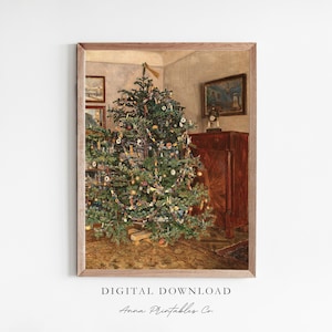 Könnte beinhalten: Ein Vintage-Gemälde eines Weihnachtsbaums, der mit Ornamenten und Lichtern geschmückt ist, in einem Raum mit einem Holzschrank und einer Uhr. Der Baum ist mit einer Vielzahl von Ornamenten geschmückt, darunter Glaskugeln, Sterne und Kerzen.