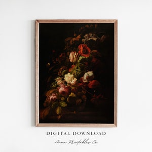 Boeket de Fleurs | Donkere Academia antiek olieverfschilderij voor digitale download | Vintage humeurige afdrukbare muurkunst | Donkere bloemenkunstafdrukken