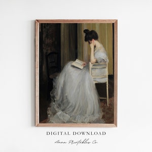 Frau liest Vintage Kunstdruck digitaler Download, Bücherwurm Kunst druckbare Wandkunst, viktorianische Malerei Wand Kunstdruck, antikes Ölgemälde