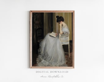 Woman Reading Vintage Art Print Digital Download, Bookish Art Printable Wall Art, Victorian Painting Wall Art Print, Antique Oil Painting