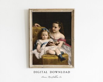 Vintage Portrait of Two Girls Digital Download | Moody Painting Printable Wall Art | Dark Academia Aesthetic Print |