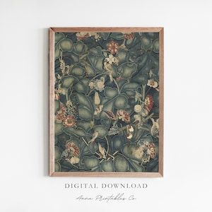 May include: A digital download of a vintage floral tapestry print in shades of blue, green, red, and white. The print features a repeating pattern of flowers, leaves, and birds.