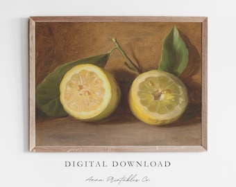 May include: A painting of two halved lemons with green leaves on a brown background. The lemons are yellow and have a light brown interior. The leaves are a dark green.