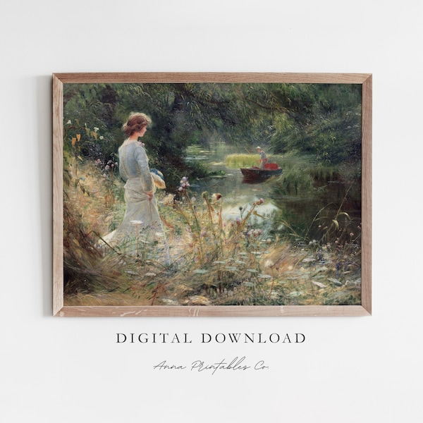 Woman by the Stream | Antique Cottagecore Painting for Digital Download | Vintage Summer Landscape Printable Wall Art | Cottage Decor Print