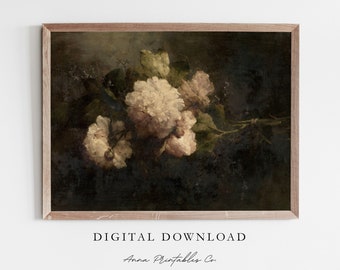 Pale Pink Bloom | Vintage Peony Painting for Digital Download | Moody Floral Printable Wall Art | Dark Cottagecore Decor | Fine Art Prints