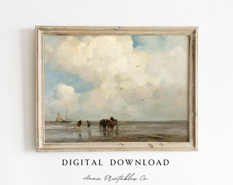 DIGITAL DOWNLOAD | Fishing for Shells Vintage Beach Painting Printable Wall Art | Antique Coastal Artwork | Cloud Study Fine Art Print