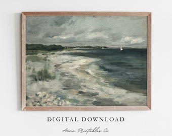 Stormy Day at the Beach | Antique Coastal Painting for Digital Download | Vintage Seascape Printable Wall Art | Muted Tone Landscape Print