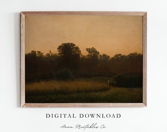 May include: A digital download of a painting depicting a forest scene at sunset. The painting features a line of trees in the foreground with a field of tall grass in the front. The sky is a warm orange color with a few birds flying in the distance.