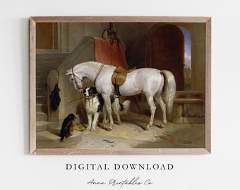 Horse and Dogs | Antique Equestrian Painting for Digital Download | Vintage Baroque Printable Wall Art | Rustic Farmhouse Decor Print