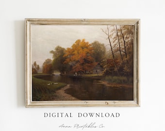 Rustic Fall Landscape Painting DIGITAL DOWNLOAD | Vintage Autumn Pond Scene Printable Wall Art | Cottage Farmhouse Decor Fine Art Print