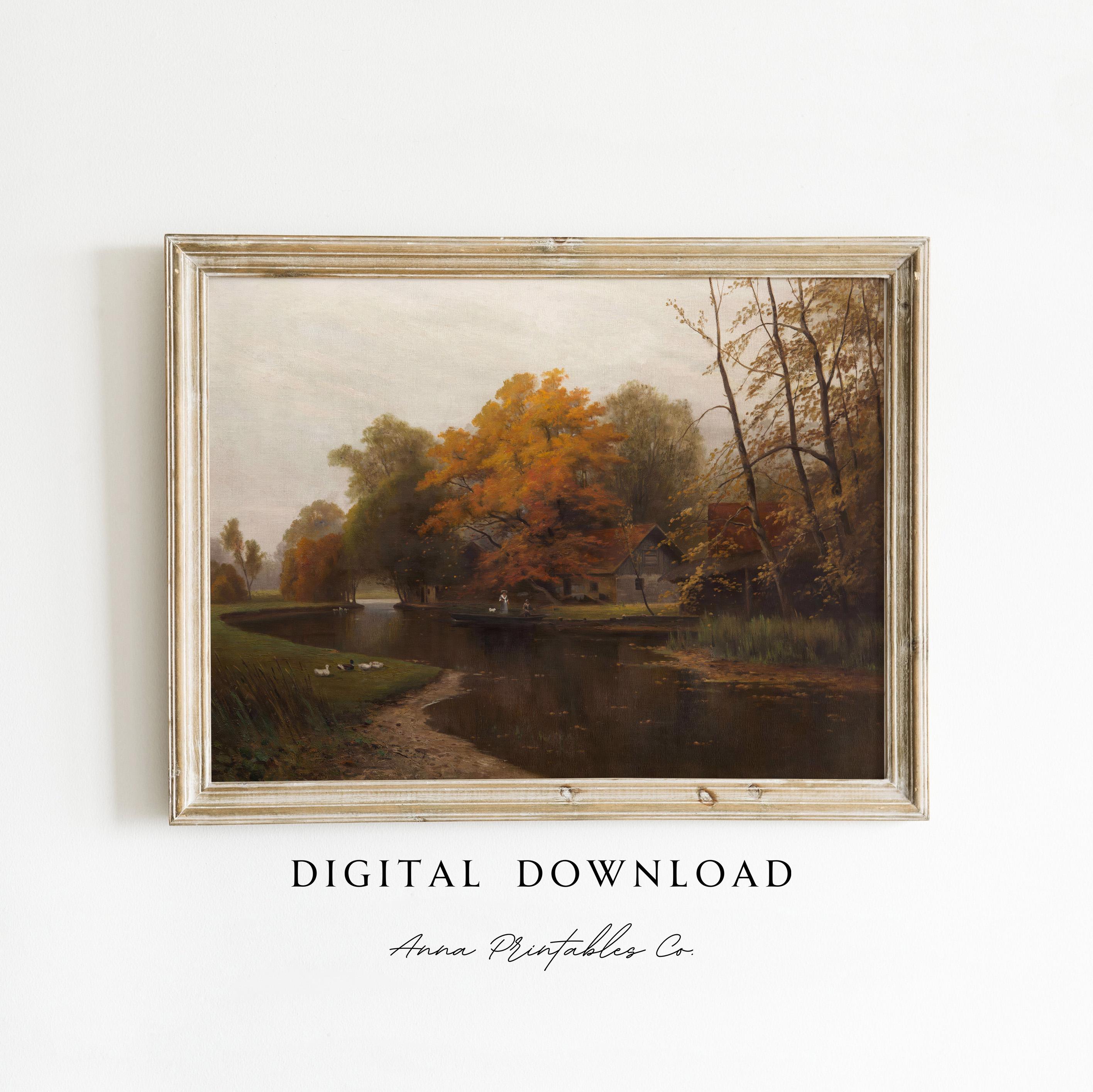 Rustic Fall Drawing Rustic Fall Landscape Painting DIGITAL DOWNLOAD | Vintage Autumn Pond ...