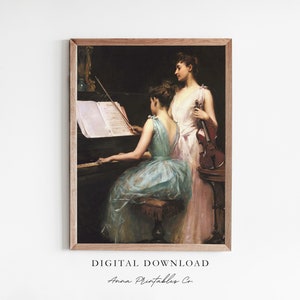 Music Lesson | Antique Oil Painting of a Pianist and Violinist for Digital Download | Victorian Era Printable Wall Art | Musical Art Prints
