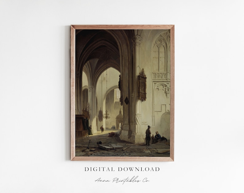 May include: A painting depicting the interior of a large, vaulted church. The walls are white and the floor is covered in debris. There are several figures in the painting, including a man in a black coat and hat standing in the center of the room.