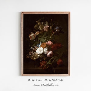 Flowers in a Vase | Antique Moody Floral Painting for Digital Download | Dark Academia Printable Wall Art | Still Life Art | Fine Art Prints