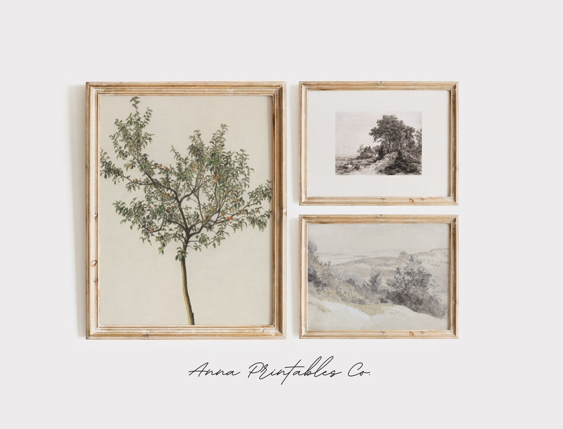 May include: Three framed prints in a gallery wall arrangement. The left print features a detailed illustration of a tree with green leaves and red fruit. The center print shows a black and white landscape with a tree in the foreground. The right print shows a black and white landscape with a hill in the foreground. The frames are all light wood.