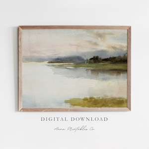 Lakeside View | Antique Watercolor Lake Painting for Digital Download | Abstract Landscape Printable Wall Art | Fine Art Prints | Nature Art