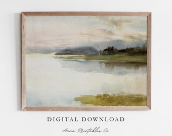 Lakeside View | Antique Watercolor Lake Painting for Digital Download | Abstract Landscape Printable Wall Art | Fine Art Prints | Nature Art