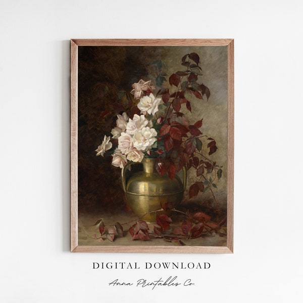 Flowers in Gold Vase | Antique Floral Still Life Painting for Digital Download | Moody Oil Painting Printable Wall Art | Dark Academia Decor