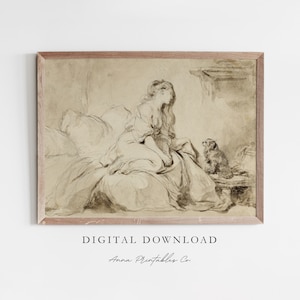 Lady with Her Dog | Antique Sepia Tone Watercolor Sketch Print Digital Download | Vintage Drawing Printable Wall Art | 18th Century Artwork