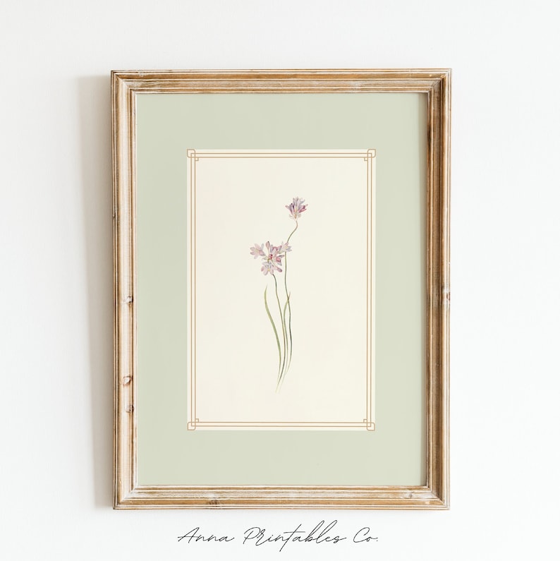 K&ouml;nnte beinhalten: Ein gerahmter Druck eines Aquarells einer zarten rosa Blume mit gr&uuml;nen Stielen. Der Druck ist in einem hellbraunen Rahmen mit einer hellgr&uuml;nen Passepartout.