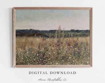 Blue Flowers in a Golden Field | Antique Landscape Painting for Digital Download | Cottagecore Decor Printable Wall Art | Fine Art Prints