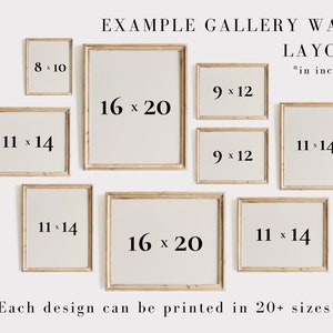 May include: Example gallery wall layout with 8 different sized frames. The frames are arranged in a staggered pattern. The sizes of the frames are 8x10 inches, 9x12 inches, 11x14 inches, and 16x20 inches.