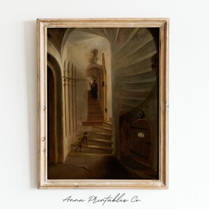 May include: A painting of a spiral staircase in a dark, old building. The staircase is made of stone and has a wooden handrail. There is a small door at the bottom of the stairs, and a figure can be seen standing at the top of the stairs.