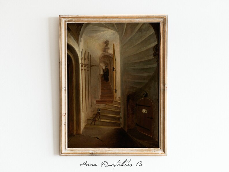 May include: A painting of a spiral staircase in a dark, old building. The staircase is made of stone and has a wooden handrail. There is a small door at the bottom of the stairs, and a figure can be seen standing at the top of the stairs.