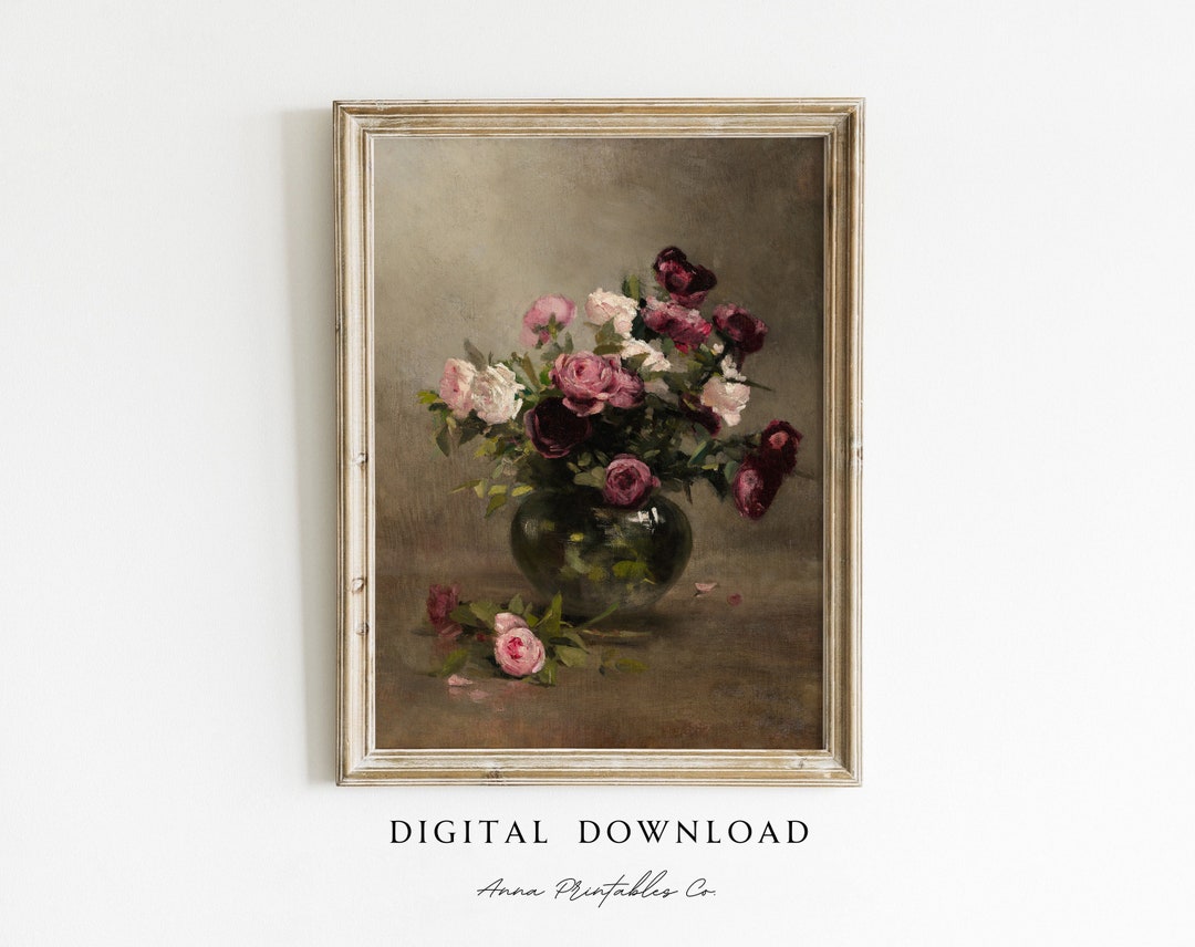 Vintage Still Life With Roses Painting DIGITAL DOWNLOAD | Antique Moody ...