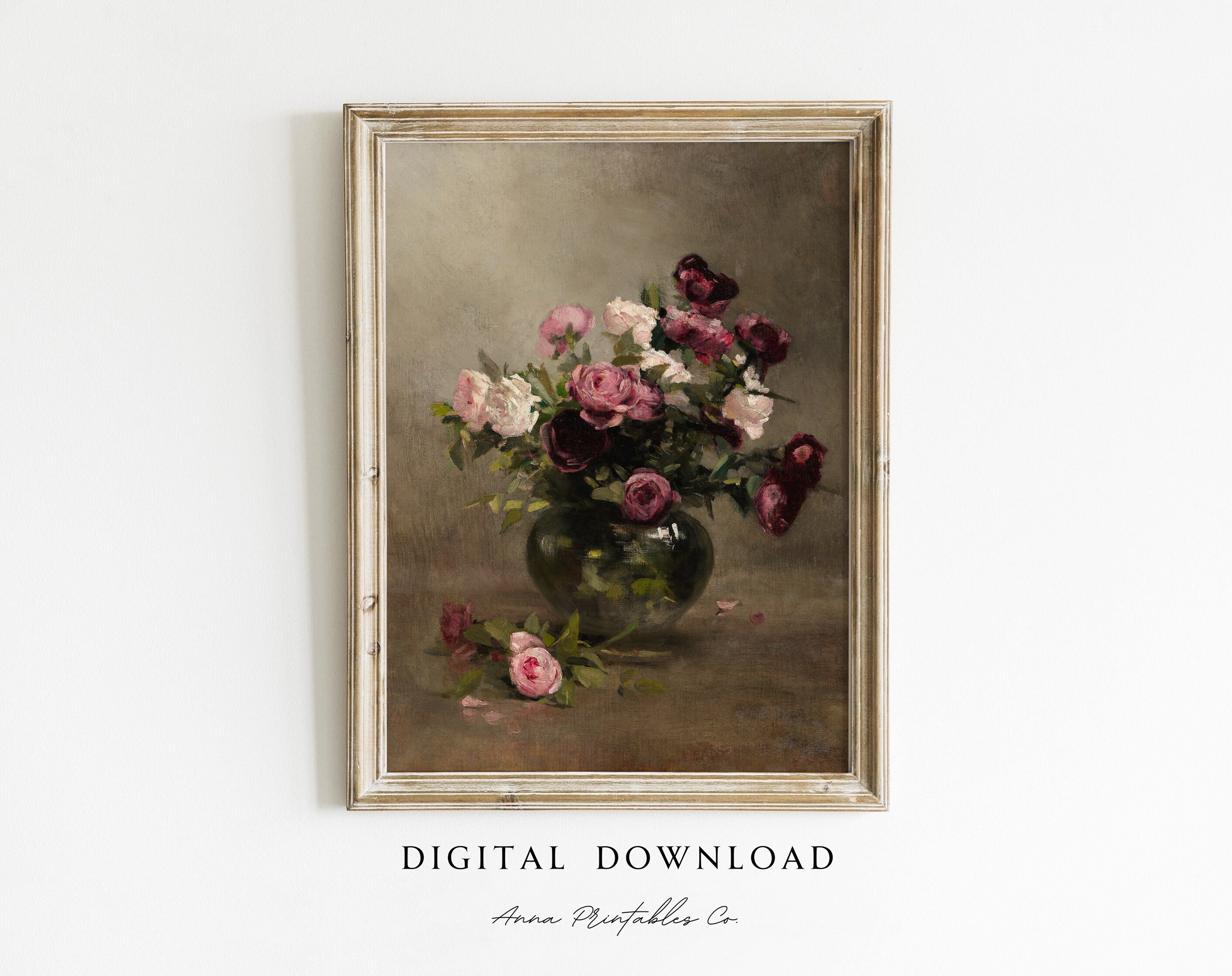 Vintage Still Life With Roses Painting DIGITAL DOWNLOAD | Antique Moody ...
