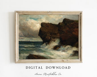 May include: A framed painting of a rocky seascape with crashing waves. The painting is in a light wood frame and has a vintage feel.