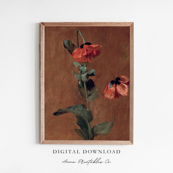 Flor de amapola Vintage pintura al óleo Descarga digital, Arte de pared imprimible de amapola, Descarga de impresión de arte botánico antiguo, Pintura roja vintage