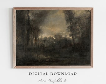 Gothic Forest | Antique Dark Forest Scene Painting for Digital Download | Vintage Dark Academia Printable Wall Art | Moody Fine Art Print