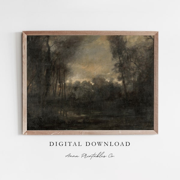 Gothic Forest | Antique Dark Forest Scene Painting for Digital Download | Vintage Dark Academia Printable Wall Art | Moody Fine Art Print