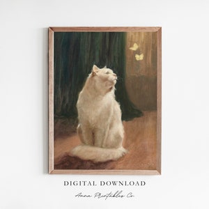 Butterfly Tease | Antique Painting of a White Cat for Digital Download | Vintage Cat Printable Wall Art | Cottagecore Decor | Fine Art Print