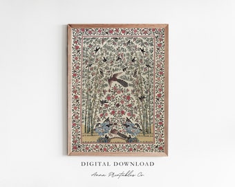 Palempore / Stampa tessile indiana antica per il download digitale / Arte da parete stampabile con motivo di uccelli e fiori / Decorazione da parete con arazzo