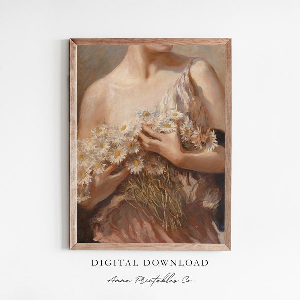 Young Woman with an Armful of Daisies Antique Oil Painting Digital Download, Portrait Painting Printable Wall Art, Light Academia Decor