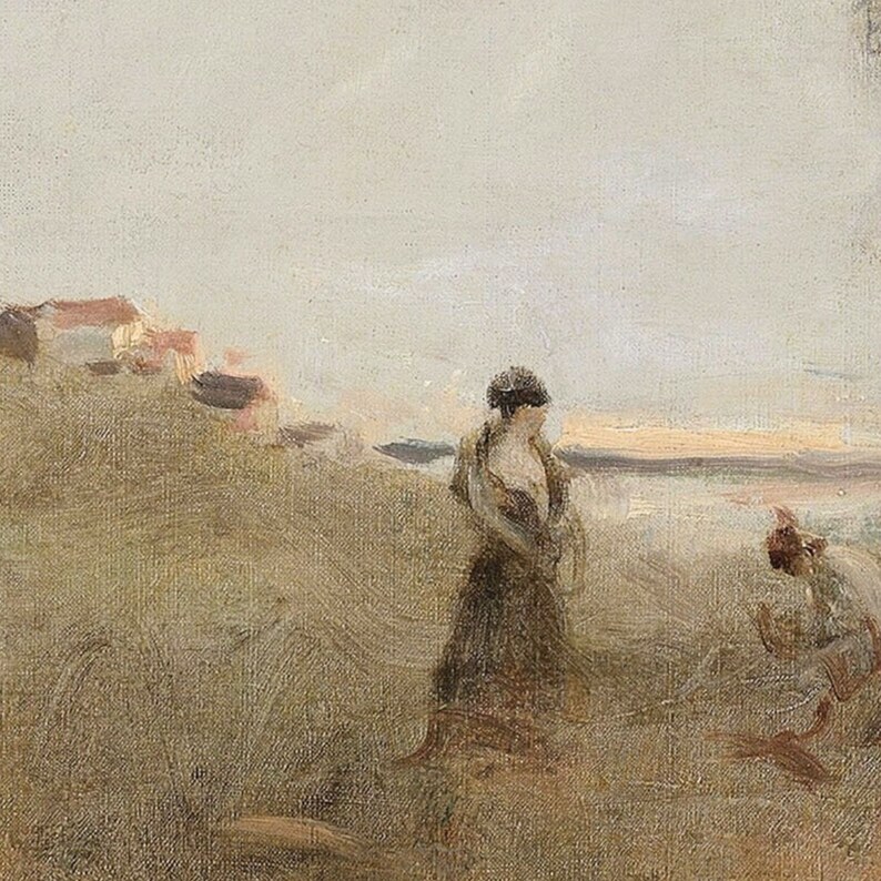 May include: A painting of two figures standing on a beach, with a village in the background. The figures are wearing long dresses and hats. The sky is a pale blue, and the water is a light blue. The beach is a sandy brown.