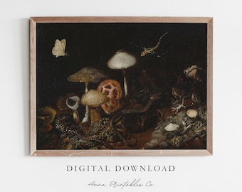 Forest Floor with Mushrooms and Snake Vintage Oil Painting Digital Download, Dark Academia Decor Printable Wall Art,Moody Painting Art Print