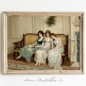 May include: A painting of three women in elegant dresses sitting on a sofa in a room with a fireplace. The women are wearing white and blue dresses and are sitting in a relaxed pose. The painting is set in a room with a fireplace and a window. The painting is framed in a light wood frame.