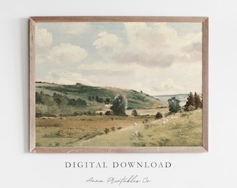 May include: A digital download of a painting depicting a landscape with rolling hills, green trees, and a cloudy sky. The painting is framed in a light brown wood frame.