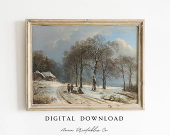 Vintage Snowy Village Road Painting DIGITAL DOWNLOAD | Antique Winter Landscape Printable Wall Art | Rustic Nature Artwork | Fine Art Print