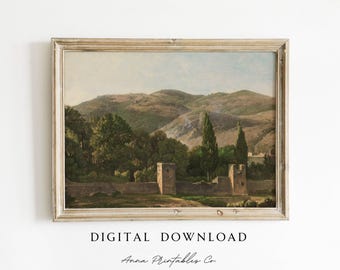 DIGITAL DOWNLOAD Vintage Italian Landscape  Painting | Rustic European Countryside Printable Wall Art | Mediterranean Fine Art Print Decor