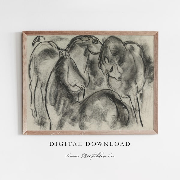 Chevaux de charbon de bois | Antique Abstract Horse Sketch Print Téléchargement numérique | vintage Noir et Blanc Imprimable Wall Art | Décor d’impression d’art