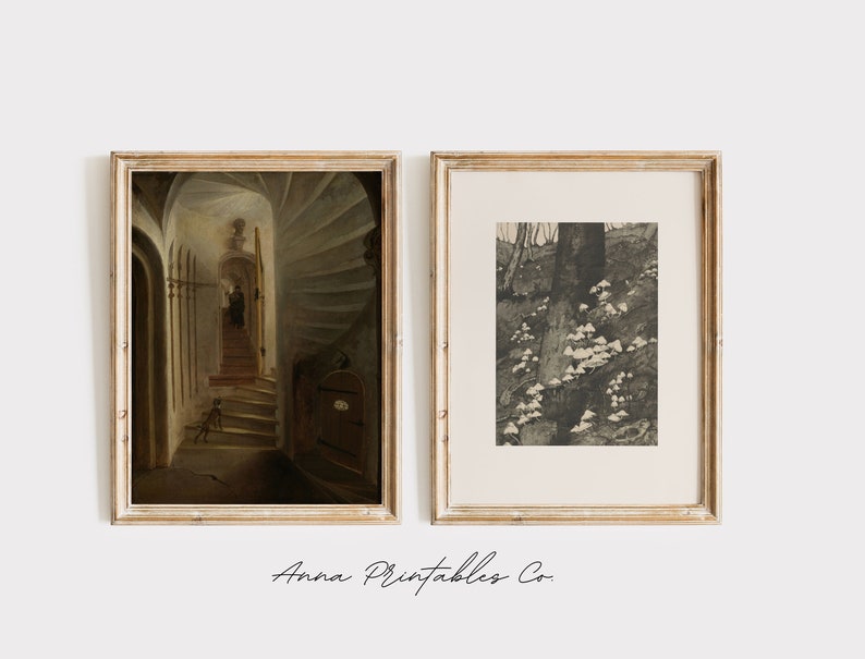 May include: Two framed prints, one with a painting of a spiral staircase in a dark hallway, and the other with a black and white photograph of a tree trunk with mushrooms growing at its base.