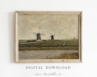 DIGITAL DOWNLOAD | Vintage Dutch Windmill Landscape Painting | Muted Moody Tone Printable Wall Art | Antique Country Fine Art Print Decor