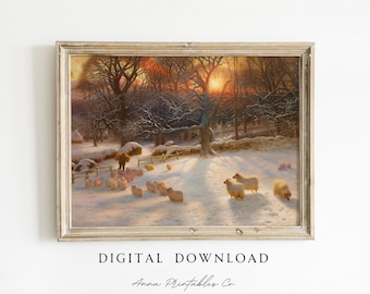 Pintura de ovelha antiga em uma paisagem nevada Download digital | Arte de parede para impressão de cena de inverno vintage | Arte pastoral | Impressão de belas artes